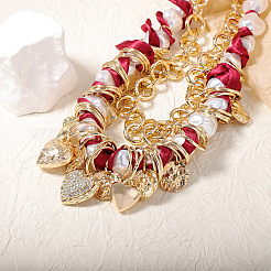 Imitation Pearl Nuggets Beaded and Printed Polyester Cord Alloy Crystal Rhinestone Heart Pendant Bib Necklaces for Women&nbsp;FS-WGED0B9-01