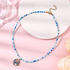 Flower Alloy Enamel Pendant Glass Seed Beaded Necklaces for Women&nbsp;NJEW-JN05550-03