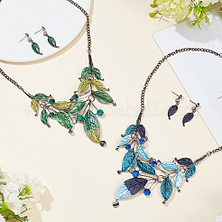 2 Sets 2 Colors Alloy Enamel Leaf Dangle Stud Earrings & Bib Necklace&nbsp;SJEW-AN0001-49