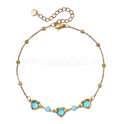 Round Natural Mixed Stone & Stainless Steel Glass Heart Link Anklets for Women&nbsp;AJEW-AN00804