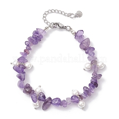 Natural Amethyst Chip & Glass Shell Round Beaded Bracelets&nbsp;BJEW-JB12303-02