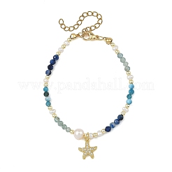 Gradient Natural Apatite & Kyanite Faceted Round Beaded Bracelets with Natural Pearl&nbsp;BJEW-JB14399-02