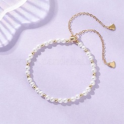 Shell Pearl & Brass Round Beaded Slider Bracelets&nbsp;BJEW-JB13324-01