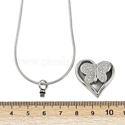 304 Stainless Steel Micro Pave Clear Cubic Zirconia Butterfly Heart Pendant Pet Urn Ashes Necklaces&nbsp;LS-NJEW-S455-10P