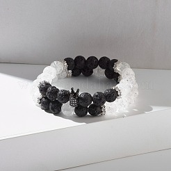 Natural Crackle Quartz & Lava Rock Round Beads Stretch Bracelets Set&nbsp;BJEW-JB07205