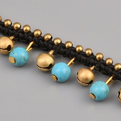 Bohemian Synthetic Turquoise & Brass Bell Tassel Braided Waxed Cord Anklets for Women&nbsp;AJEW-WH0696-540