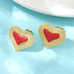 Brass Enamel Heart Stud Earrings&nbsp;EJEW-L273-01G-02