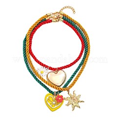 Alloy Enamel Heart Sun Flower Pendant Twisted Round Cotton Cord 3 Layer Necklaces for Women&nbsp;WG294C6-01
