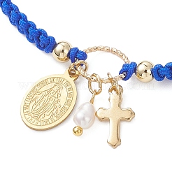 Oval with Virgin Mary & Cross 304 Stainless Steel & Natural Freshwater Pearl Charm Bracelets&nbsp;BJEW-JB12928-01