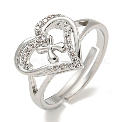 Heart with Letter Rack Plating Brass Micro Pave Clear Cubic Zirconia Adjustable Rings for Women&nbsp;RJEW-I105-01P-W