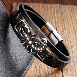 Black Imitation Leather & 316L Stainless Steel Centipede Multi-strand Bracelets with Magnetic Clasps for Men&nbsp;WG416ED-01