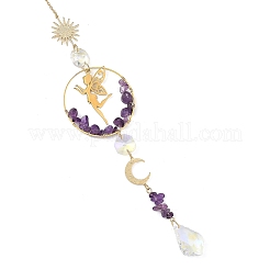 Glass Beads & Natural Amethyst Chip Beads & Brass Hanging Suncatchers&nbsp;HJEW-JM05017-02