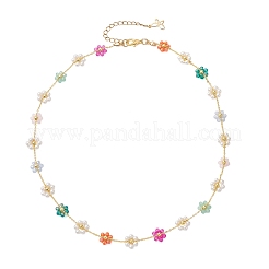 Glass & Shell Pearl Beaded Flower Brass Link Chain Necklaces for Women&nbsp;NJEW-JN06278