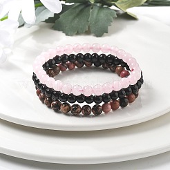 3Pcs 3 Style Natural Rhodonite & Black Agate & Rose Quartz Round Beaded Stretch Bracelets Set&nbsp;PW23030761414