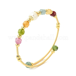 Natural Gemstone & Freshwater Pearl Beaded Copper French Wired Cuff Bangles for Women&nbsp;BJEW-JB13987