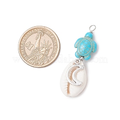 5Pcs 5 Styles Natural Cowrie Shell & Dyed Synthetic Turquoise Turtle Copper Wire Wrapped Pendants&nbsp;PALLOY-JF04034-02