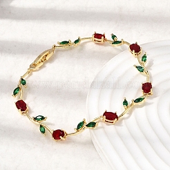 Leaf Brass Micro Pave Cubic Zirconia Link Chain Bracelets for Women&nbsp;LS-BJEW-D455-01G-04