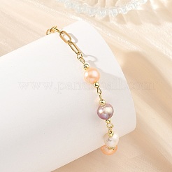 Natural Pearl Two Sides Polished Beaded Chain Bracelets with 304 Stainless Steel Paperclip Chains&nbsp;BJEW-JB14234-02
