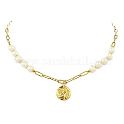 304 Stainless Steel Angel Coin Pendant Paperclip Chain & Potato Natural Pearl Beaded Necklaces for Women&nbsp;NJEW-JN06053
