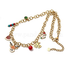 304 Stainless Steel Enamel & Plastic & Resin Deer Christmas Socking Bell Pendant Necklaces for Women&nbsp;NJEW-Z092-02G