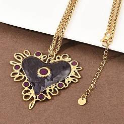 304 Stainless Steel Enamel Heart Pendant Wheat Chain Necklaces&nbsp;NJEW-P430-04B-G