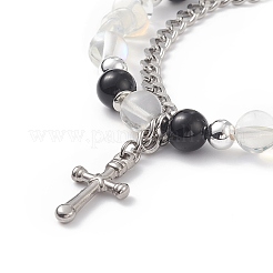 Natural & Synthetic Mixed Stone Beaded Bracelet with Cross Charm&nbsp;BJEW-TA00184-02