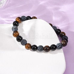 Natural Tiger Eye & Weathered Agate & Glass Beads Stretch Bracelets for Women Men&nbsp;BJEW-P398-01B