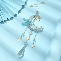 Natural Aquamarine Chips & Brass Moon Pendant Decorations&nbsp;HJEW-TA00066-04