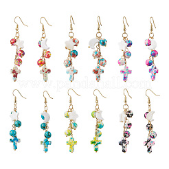 304 Stainless Steel Synthetic Turquoise Cross with Moon & Star Dangle Earrings&nbsp;EJEW-JE06516-02