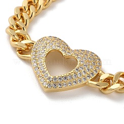 Brass Micro Pave Clear Cubic Zirconia Hollow Heart Cuban Link Chains Bracelets for Women&nbsp;BJEW-M322-02G