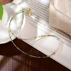 2MM Faceted Round Natural Green Tourmaline & Glass Pearl Beaded Necklaces for Women&nbsp;YX9478