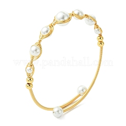 Herringbone Wire-Wrapped Shell Pearl Brass Cuff Bangles&nbsp;BJEW-JB14036