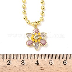 Brass Pave Pink and Clear Cubic Zirconia with Enamel Flower Pendant Ball Chain Necklaces&nbsp;NJEW-G183-04G