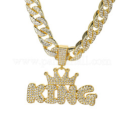 Hip-hop Style Zinc Alloy Full Crystal Rhinestone Crown Word King Pendant Cuban Link Chain Necklaces&nbsp;FS-WG2813B-01