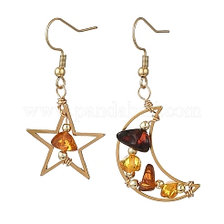 Natural Amber Wire Wrapped Star Moon Dangle Earrings&nbsp;EJEW-JE07532