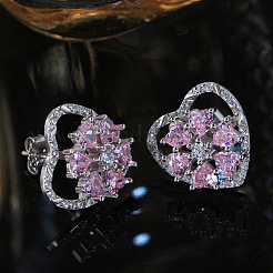 Rhodium Plated 925 Sterling Silver Rotating Heart Stud Earrings&nbsp;EJEW-L270-01P