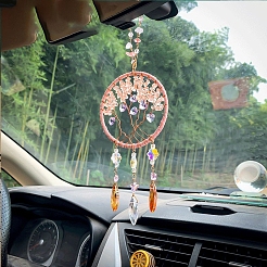 Natural Rose Quartz Chips Flat Round with Tree of Life Pendant Decorations&nbsp;LS-TREE-PW0003-16