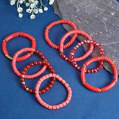 8Pcs 8 Style Natural Red Agate & Glass & Polymer Clay Heishi Surfer Stretch Bracelets Set&nbsp;BJEW-SW00083
