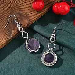 Hexagon Natural Mixed Stone Dangle Earrings&nbsp;EJEW-K298-01P