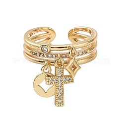Clear Cubic Zirconia Cross & Coin & Star Charms Open Ring&nbsp;RJEW-P032-31G