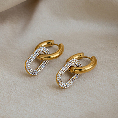 304 Stainless Steel Rhinestone Hoop Dangle Earrings for Women, Oval, Real 18K Gold Plated, 33.8x19.6mm