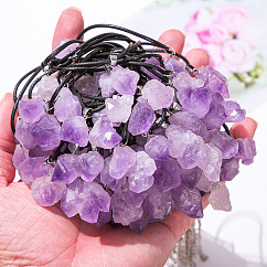 Natural Amethyst Raw Rough Nuggets Pendant Necklaces, with Leather Cord, 17.72 inch(45cm)