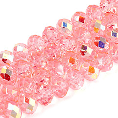 Transparent Glass Beads Strands, Rondelle, Half Plated, AB Color Plated, Faceted, Light Coral, 8x6.5~7mm, Hole: 1.2~1.4mm, about 64~65pcs/strand, 16.34~16.54 inch(41.5~42cm)