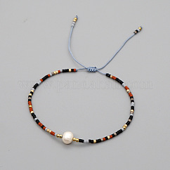 Adjustable Glass Seed Bead Braided Bead Bracelets for Women, with Natural Freshwater Pearls & Brass, Colorful, 11.02 inch(28cm)