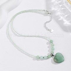 Bohemian Natural Green Aventurine Heart Pendant Round Beaded Necklaces for Women, Platinum, 16.14 inch(41cm)~18.11 inch(46cm)