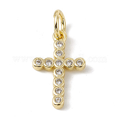 Brass Micro Pave Cubic Zirconia Charms, Cadmium Free & Lead Free, with Jump Rings, Religion Cross Charms, Real 18K Gold Plated, 14x9x1.5mm, Hole: 3.4mm