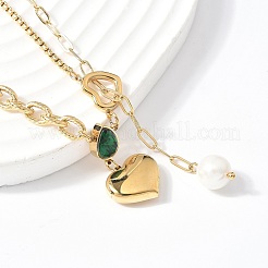 304 Stainless Steel Pave Green Cubic Zirconia Heart Pendant Necklaces for Women&nbsp;NJEW-U040-01A-G