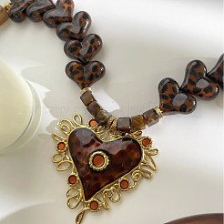 Leopard Print 316 Surgical Stainless Steel Enamel Heart Pendant Acrylic & Resin Beaded Necklaces for Women&nbsp;WG79306-01