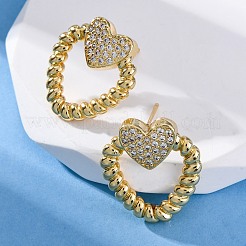 Heart Brass Micro Pave Clear Cubic Zirconia Stud Earrings&nbsp;EJEW-R025-09G