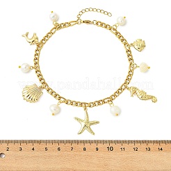 Ocean Natural Pearl & 304 Stainless Steel Starfish Sea Horse Shell Shape Charm Anklets for Women&nbsp;AJEW-AN00826-01